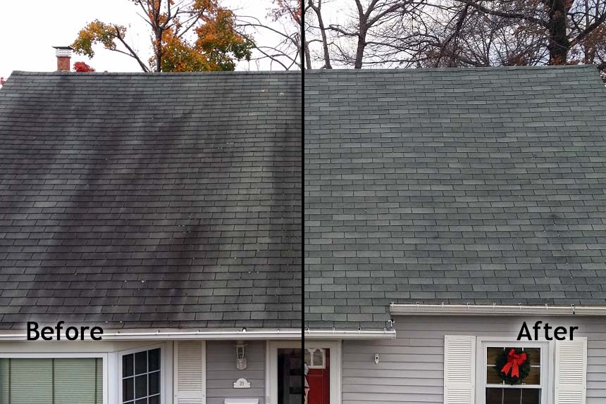 Before and after comparison of a house roof, showing one side dirty and discolored and the other clean.