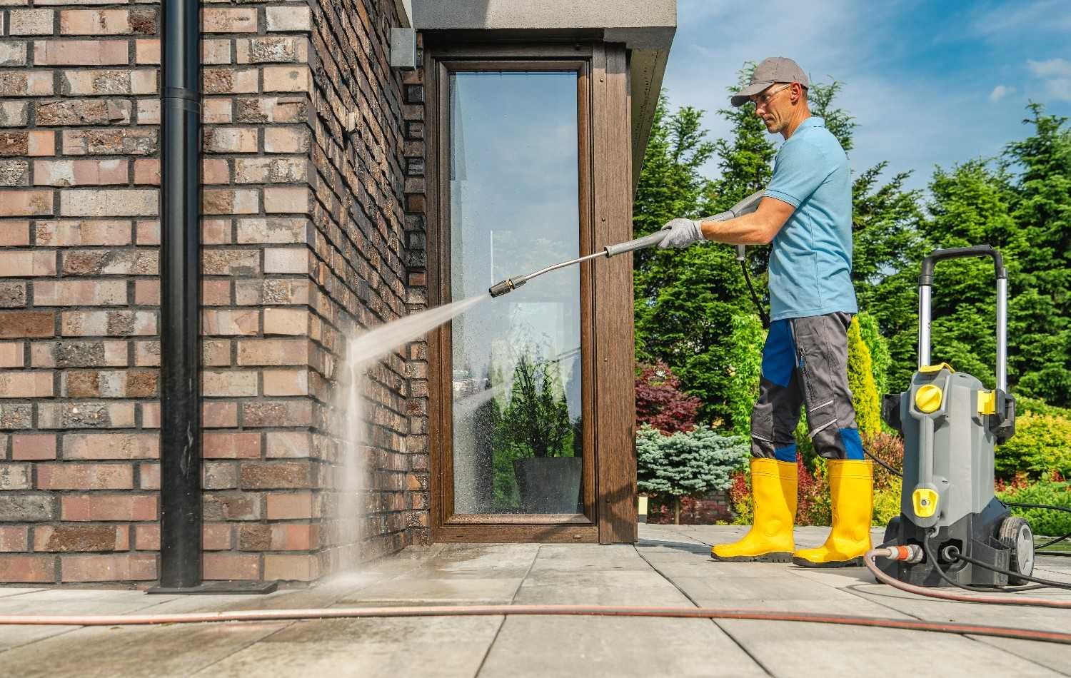 A man in yellow boots power washes a dirty brick house exterior and patio with a pressure washer.
