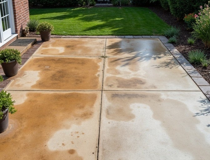 Concrete patio with dark, uneven rust stains and lighter, cleaner areas along with green grass and potted plants.