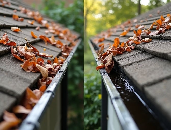 Two side-by-side images show a roof gutter filled with fallen autumn leaves, one mostly dry, the other with water.