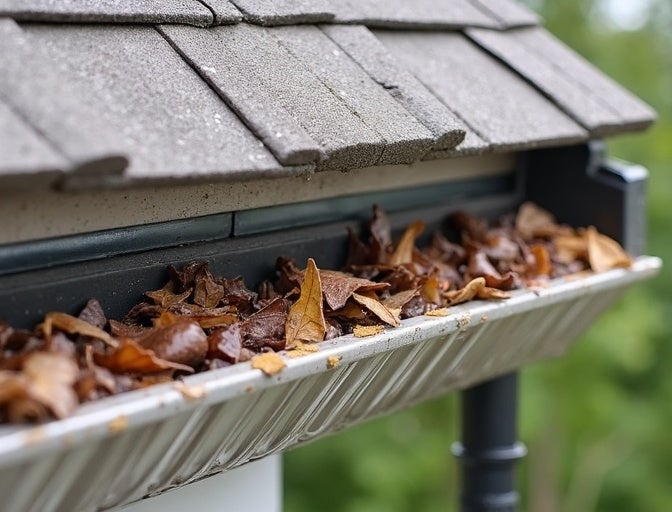 A close-up of a house gutter overflowing with brown, dry leaves beneath a gray shingled roof.