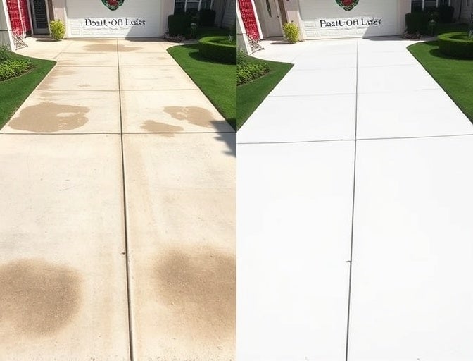 Before and after comparison of a dirty, stained concrete driveway power washed to look clean and bright white.
