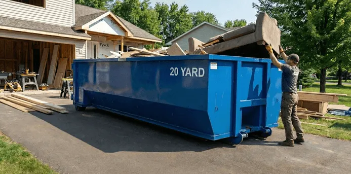A man in work clothes throws a brown couch into a large blue '20 YARD' dumpster on a driveway next to a house under construction.