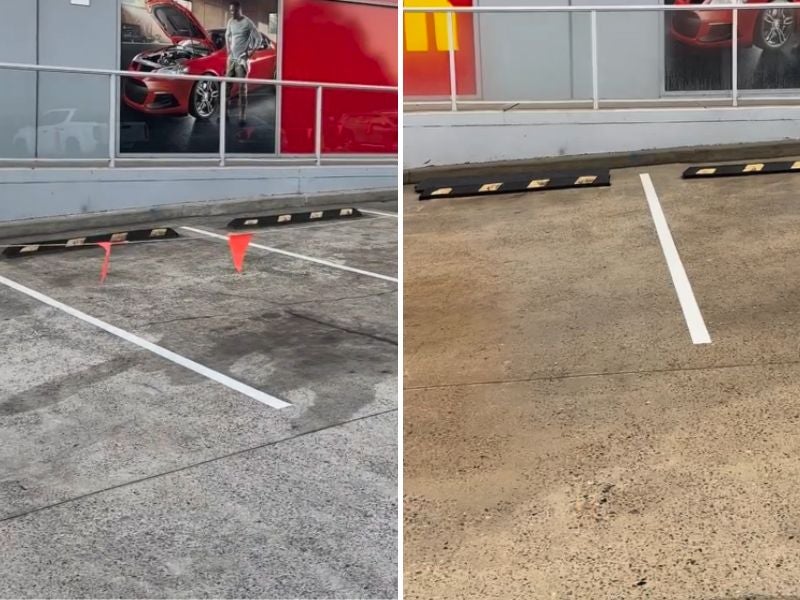 Before-and-after comparison of a car park showing a dirty, oil-stained area on the left and cleaned concrete on the right.