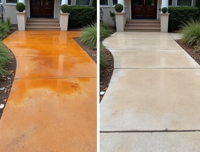 Before-and-after split image showing a stained concrete walkway on the left, and the cleaned concrete walkway on the right.