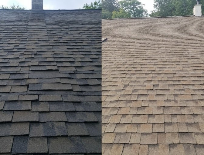 Before and after comparison of residential roof shingles: Dark, damaged shingles on the left; new, light-brown shingles on the right.