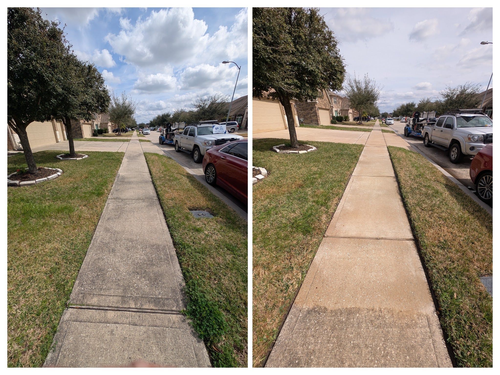 Side-by-side comparison of a concrete walkway, before and after cleaning, showing the left dirty and the right clean.