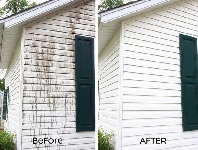 Before and after of a white house with dirty siding and clean siding.