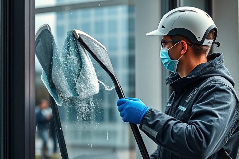 man with mask cleaning window